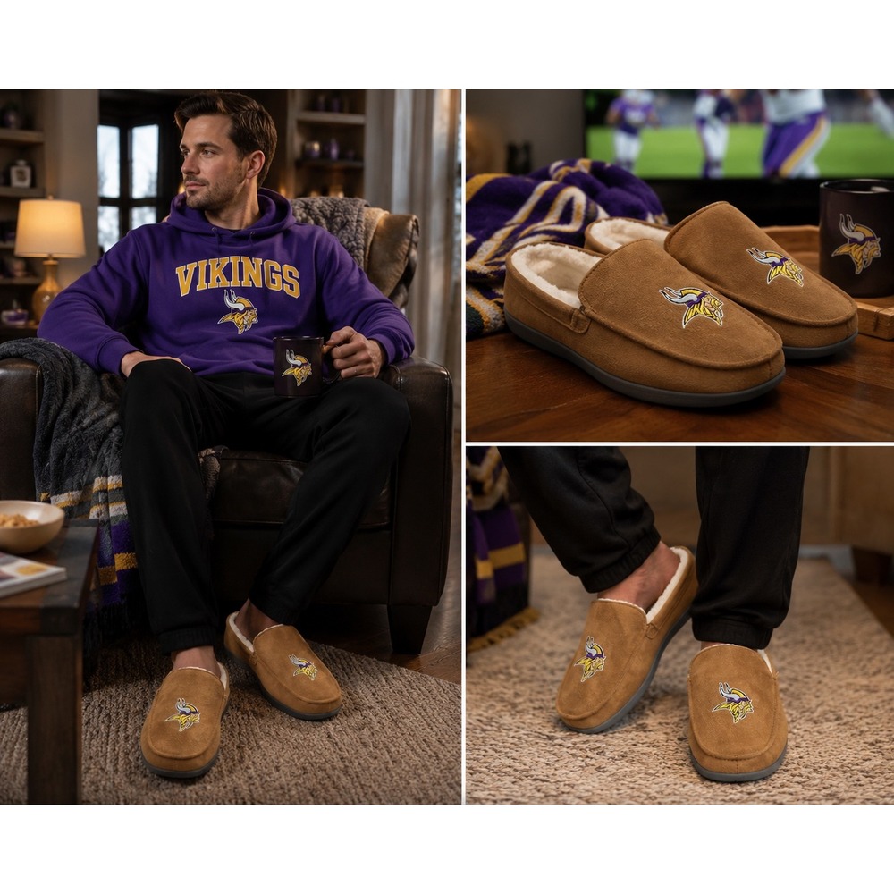 NEW Minnesota Vikings Men's Moccasin Slippers Tan NFL House Shoes Extra Large